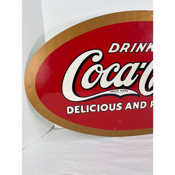 Vintage Drink Coca Cola Delicious And Refreshing Oval Tin Sign 28" x 15" - Picture 2 of 8